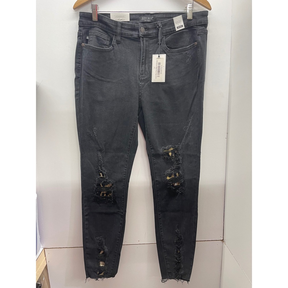 Judy Blue Mid Rise Skinny Jeans Black Distressed Leopard Patch 13/31 NWT